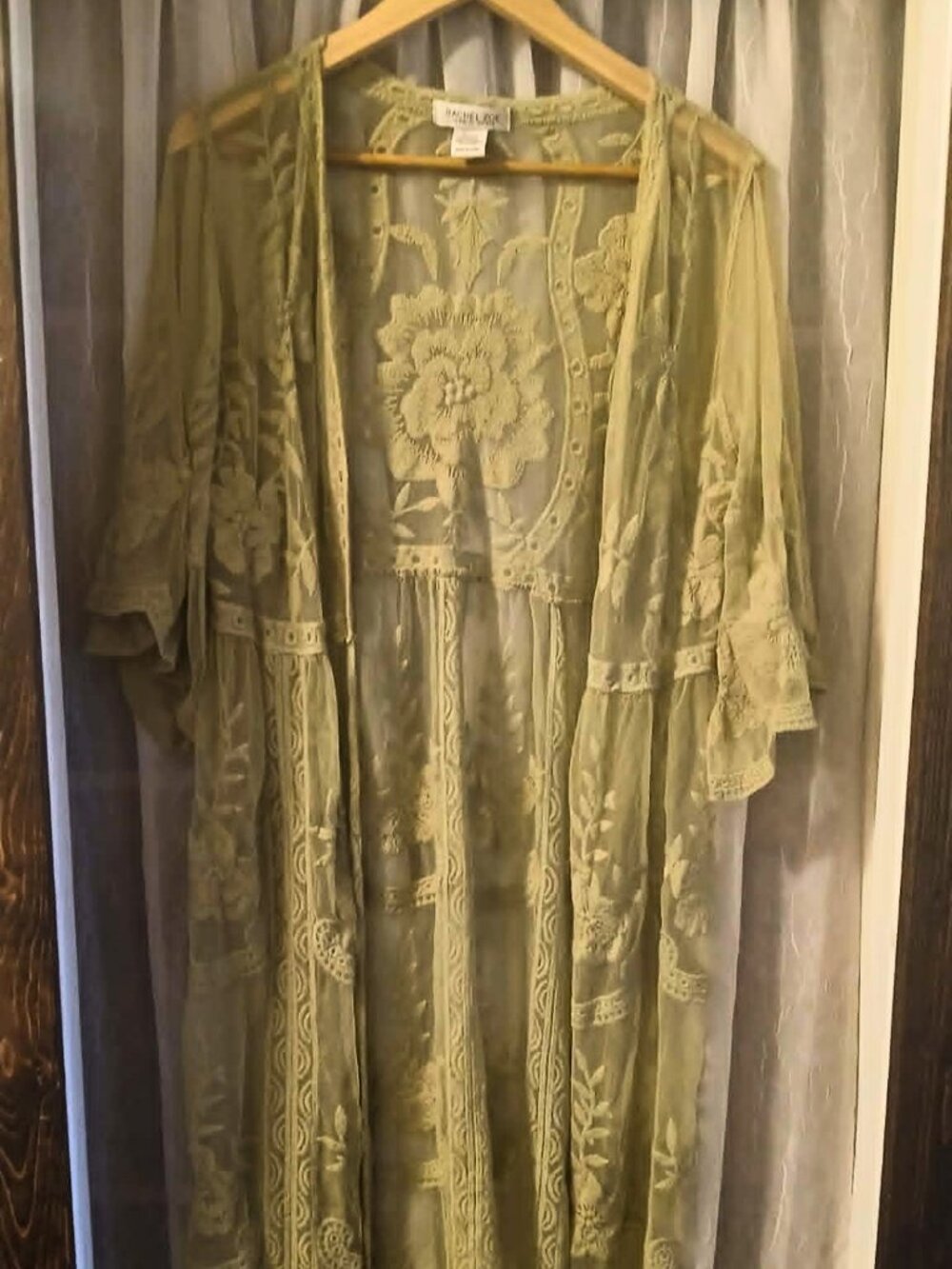 Rachel Zoe Olive Green Sheer Lace Floral Boho Kimono Duster OS